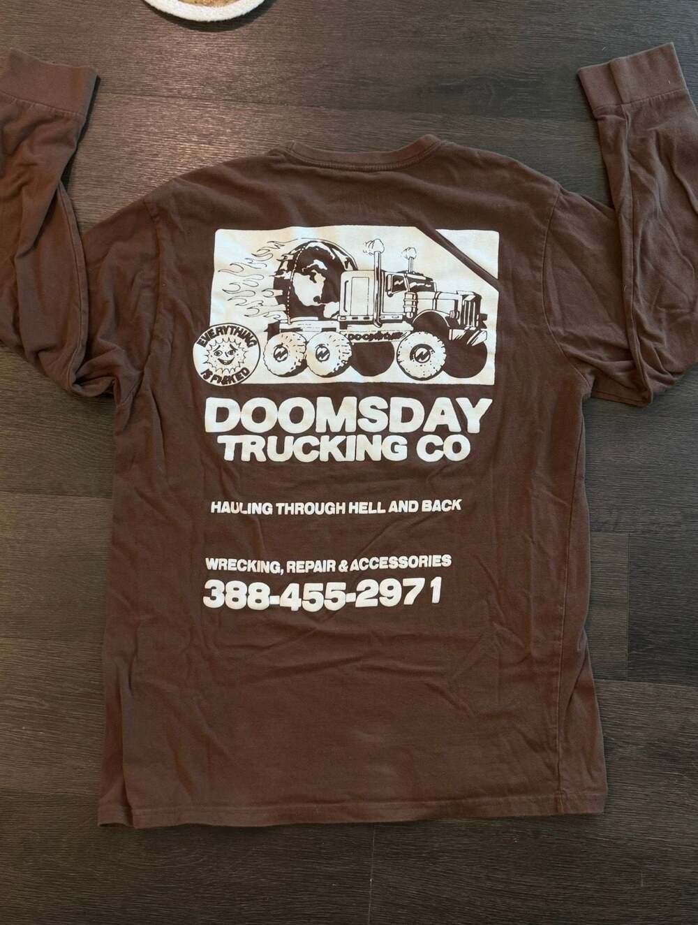 Everything Is Fcked Doomsday Trucking Co Long Sleeve Brown Shirt Mens Size L